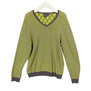 AX Armani Exchange Mens XL Luxe Cozy Warm VNeck Sweater Yellow Grey Wave Stripes